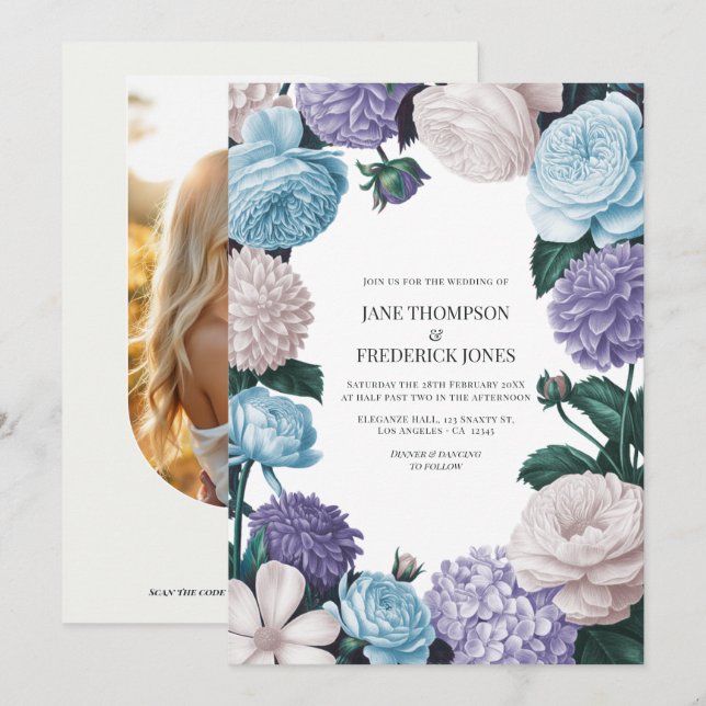 Convites Indigo Petal, Blue Hydrangea & Frost Pearl Casamen (Frente/Verso)