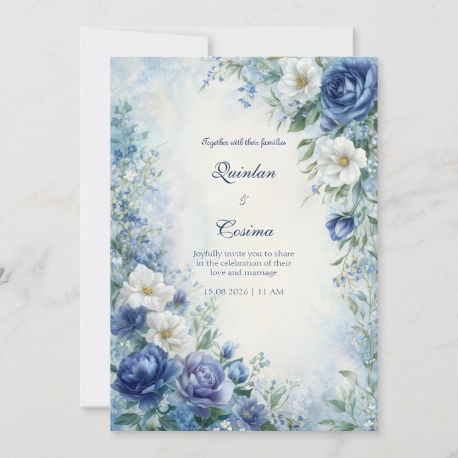 Convites Indigo Rose Misty Watercolor Border Wedding (Frente)