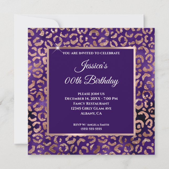 Convites Índigo Roxo e Rosa Dourado Leopardo Foil Aniversár (Frente)
