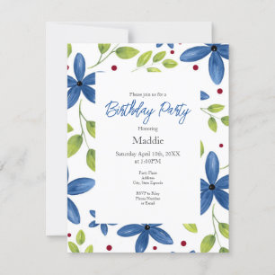 Convites Indigo Watercolor Floral Bouqet Pattern