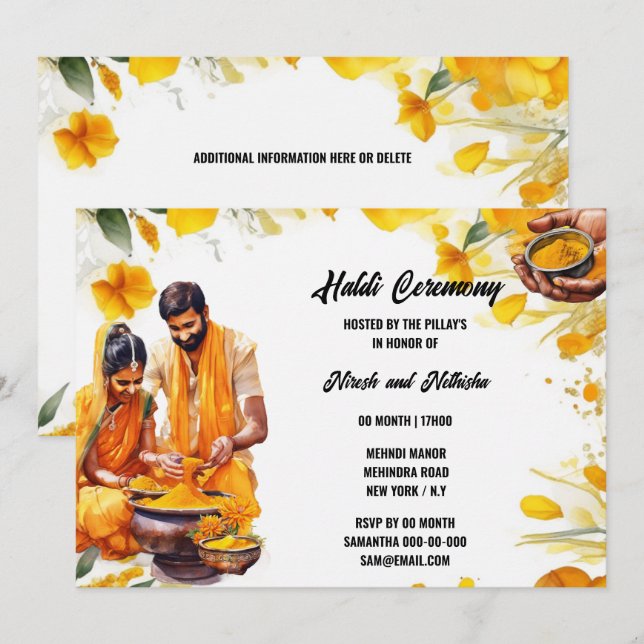 Convites índio Haldi Ceremony Turmeric floral noiva (Frente/Verso)