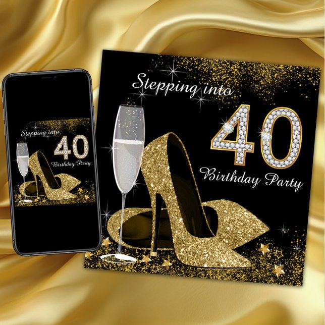 Convites Indo Para A Festa de aniversário 40 (Womans stepping into 40 birthday party invitation with gold high heel shoes and diamond 40.)