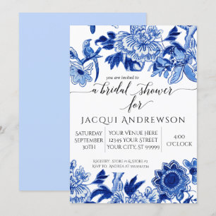 Convites Influência Asiática Azul Azul Floral 3 Chá de p