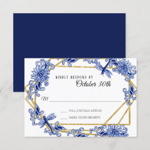 Convites Influência Asiática RSVP Azul Marinho Floral Chino