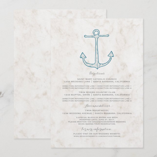 Convites Informações de Casamento Âncora Azul Real Rústico (Frente/Verso)