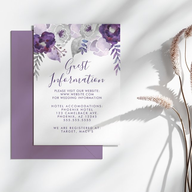 Convites Informações de Casamento Floral de Cor de Água Púr (Purple and Silver Watercolor Floral Wedding Info Invitation)