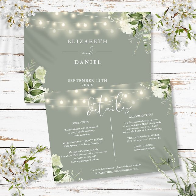 Convites Informações de Detalhes de Casamento com Luzes de  (Sage Greenery Lights Wedding Details Information Invitation
)