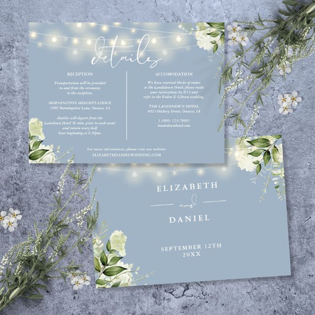Convites Informações de Detalhes de Casamento com Verde e A (Dusty Blue Greenery Wedding Details Information Invitation)