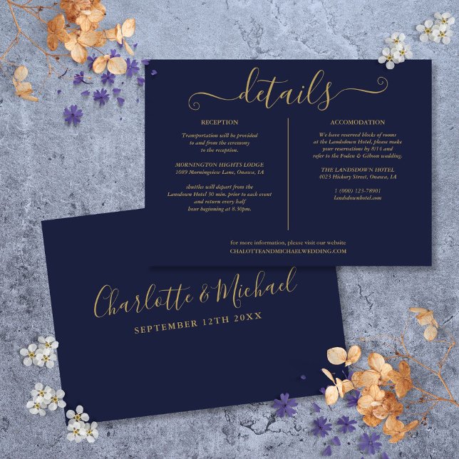 Convites Informações Sobre Detalhes De Casamento Azul E Dou (Navy Blue And Gold Wedding Details Information Invitation)