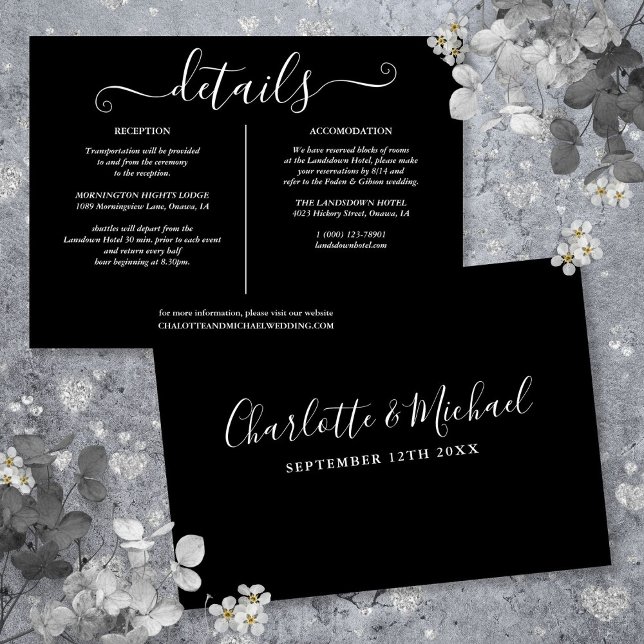 Convites Informações sobre Detalhes do Casamento Preto e Br (Black And White Wedding Details Information Invitation)