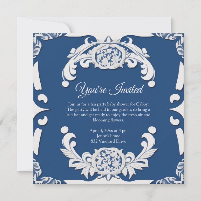 Convites Inglês elegante, China Blue & White Invitation (Frente)