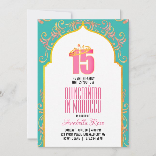 Convites INGLÊS morocco QUINCEAÑERA Noites árabes PINK AQ (Frente)