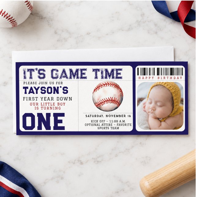 Convites Ingresso de Aniversário de 1º Ano 'Baseball First  (Baseball First Year Down 1st Birthday Ticket Invitation)