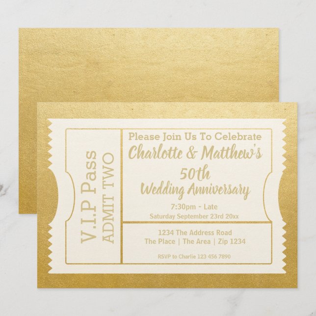 Convites Ingresso de Aniversário de 50 anos VIP Pass Falso  (Frente/Verso)