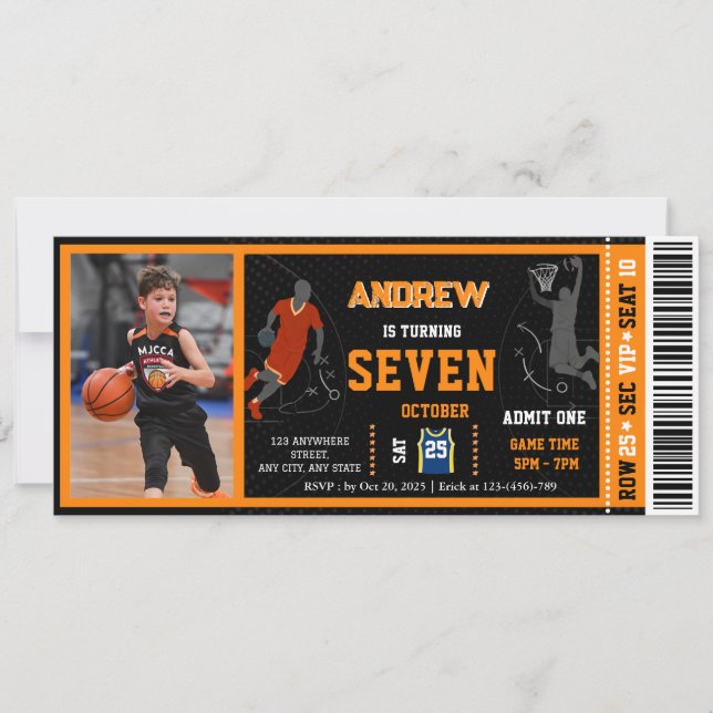 Convites Ingresso de Aniversário de Basquete Pessoal com fo (Frente)