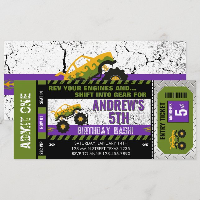 Convites Ingresso de Aniversário de Monster Truck (Frente/Verso)