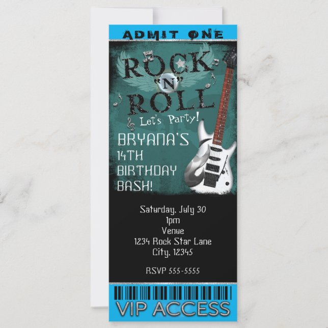 Convites Ingresso de Aniversário VIP de Glam Rock N Roll St (Frente)