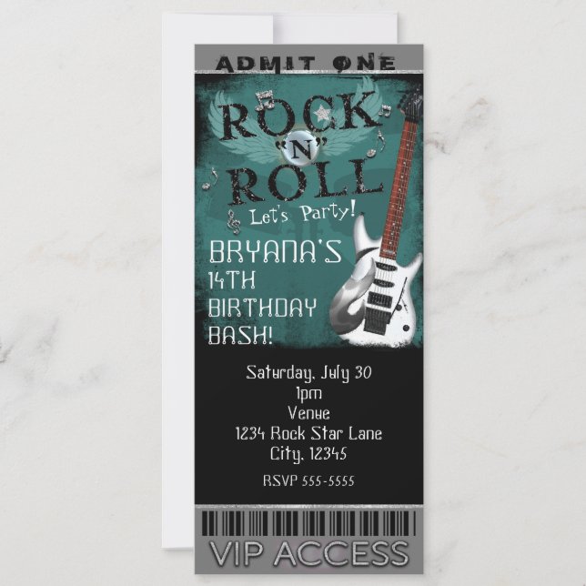 Convites Ingresso de Aniversário VIP de Glam Rock N Roll St (Frente)