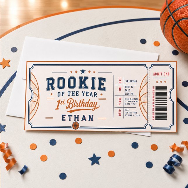 Convites Ingresso de Basquete do Novato do Ano  1º Aniversá (Rookie of the Year Basketball Ticket 1st Birthday Invitation
)