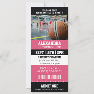 Convites Ingresso de Basquete Rosa Festa de Aniversário