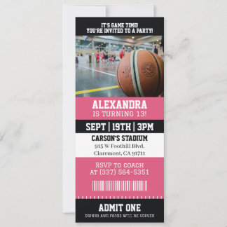 Convites Ingresso de Basquete Rosa Festa de Aniversário