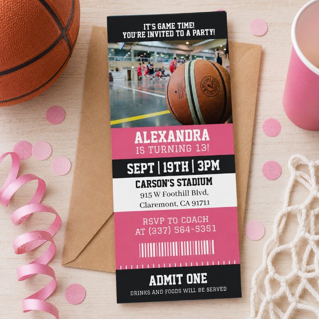 Convites Ingresso de Basquete Rosa Festa de Aniversário (Criador carregado)