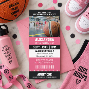 Convites Ingresso de Basquete Rosa Festa de Aniversário