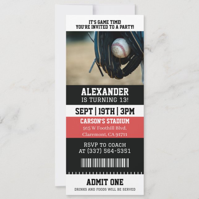 Convites Ingresso de Beisebol de Aniversário (Frente)