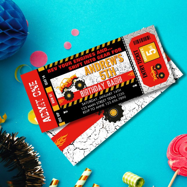 Convites Ingresso de Caminhão Monstro para Aniversário (bold red and yellow colors and a grunge-style background, this editable birthday invite is perfect f)