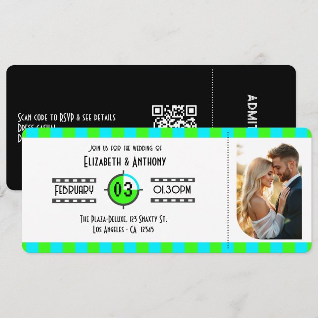 Convites Ingresso de Cinema Azul Elétrico, Verde Neon e Pre (Frente/Verso)