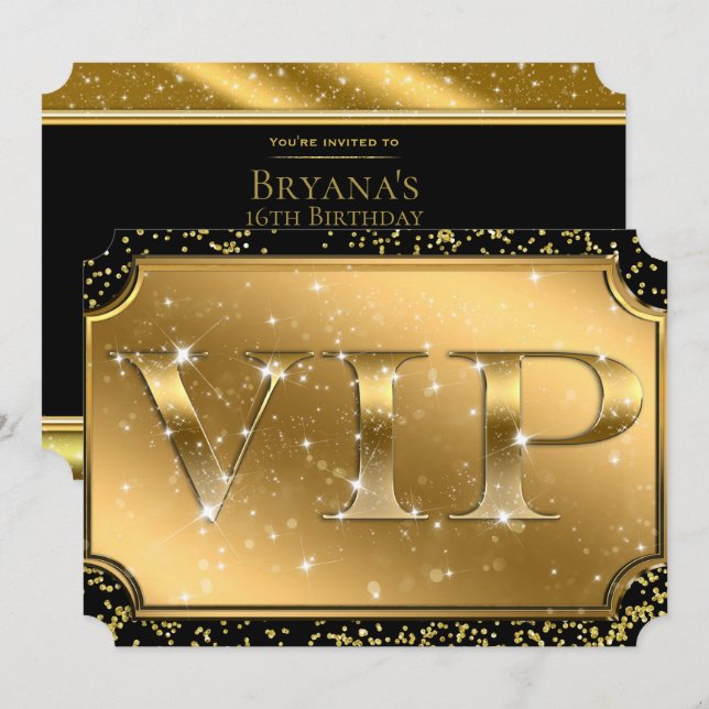 Convites Ingresso de Festa VIP Glamour Brilho Confete Preto (Frente/Verso)