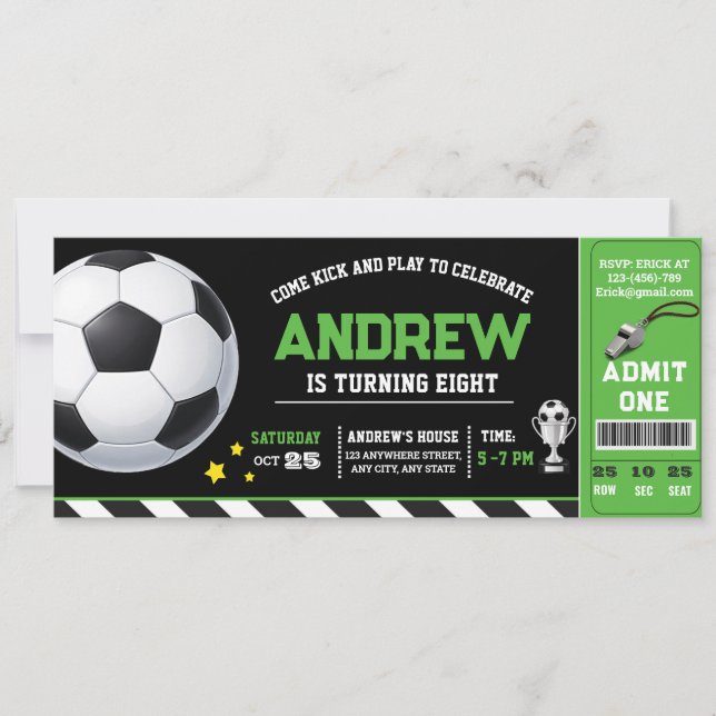 Convites Ingresso de Futebol Verde Moderno de Aniversário P (Frente)