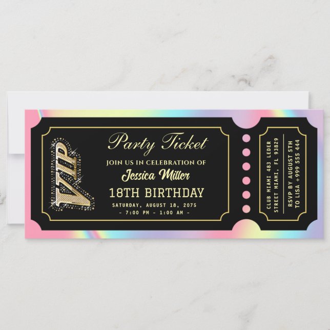 Convites Ingresso de Luxo Preto Holográfico Rosa (Frente)