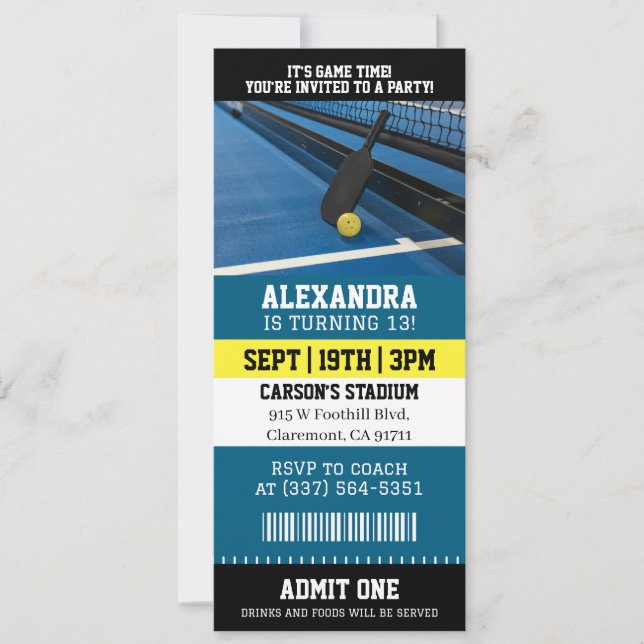 Convites Ingresso de Pickleball de Aniversário (Frente)