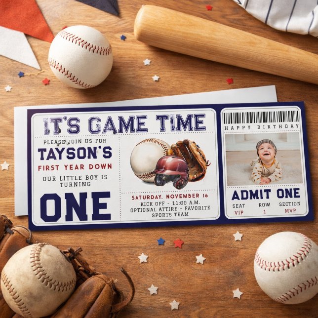 Convites Ingresso de Primeiro Aniversário de Beisebol Prime (Baseball First Year Down 1st Birthday Ticket Invitation)