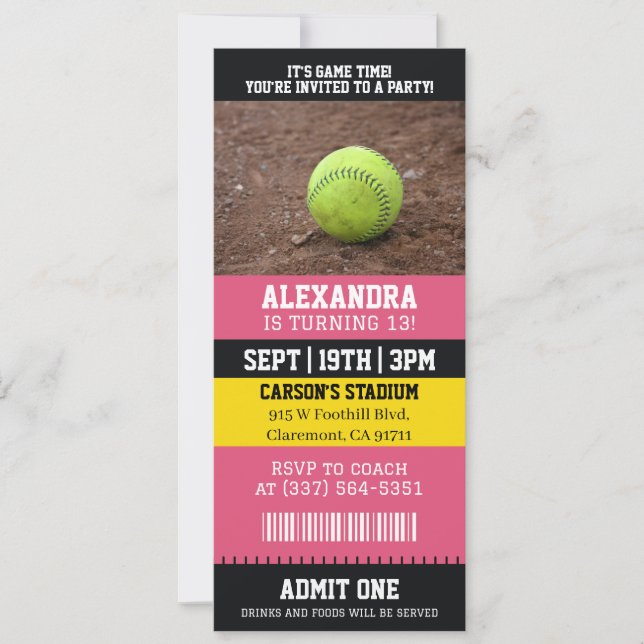 Convites Ingresso de Softbol Rosa Festa de Aniversário (Frente)