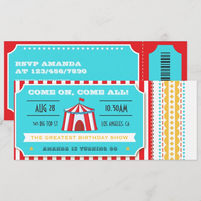Convites Ingresso do Circo Retrô para Festa de Aniversário  (Frente/Verso)