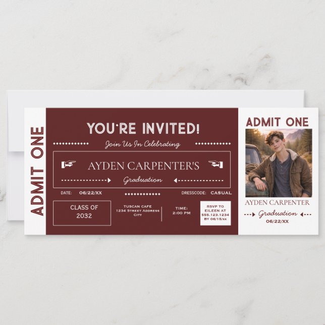 Convites Ingresso Falso de Formatura Maroon & White | (Frente)