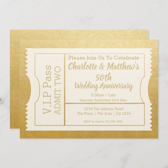 Convites Ingresso Faux Gold VIP Pass 50º Aniversário (Frente/Verso)