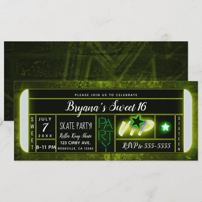 Convites Ingresso para Festa de Aniversário com Luz Verde e (Frente/Verso)