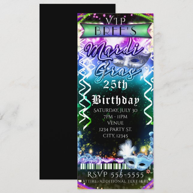 Convites Ingresso para Festa de Aniversário VIP Mardi Gras  (Frente/Verso)