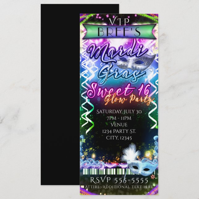 Convites Ingresso para Festa VIP SWEET 16 Mardi Gras Rainbo (Frente/Verso)