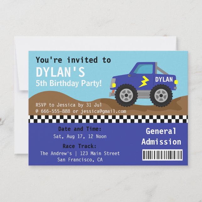 Convites Ingresso para o Racing Blue Monster Truck Party (Frente)
