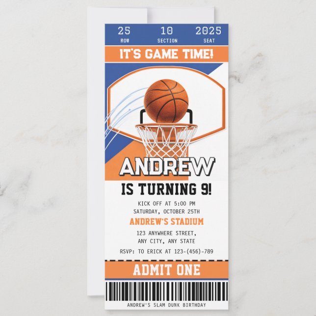 Convites Ingresso Pessoal de Aniversário Courtside de Basqu (Frente)