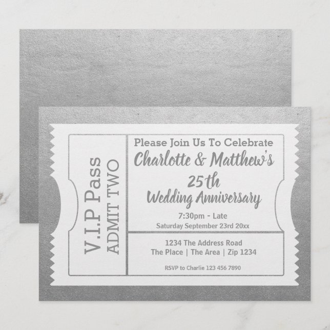 Convites Ingresso VIP Faux Silver 25º Aniversário (Frente/Verso)
