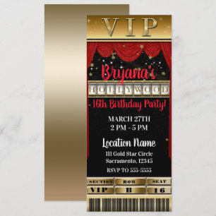Convites Ingresso VIP Festa de Aniversário HOLLYWOOD Dourad