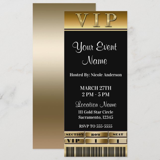 Convites Ingresso VIP para Jantar Elegante Gold & Black (Frente/Verso)