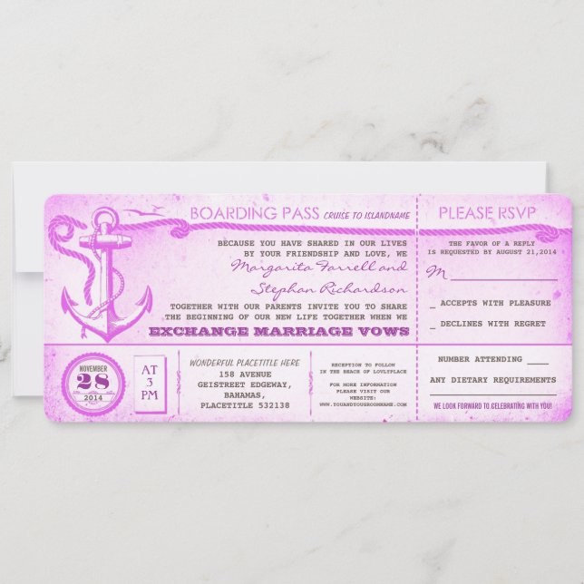 Convites ingressos de embarque de casamento com a RSVP (Frente)