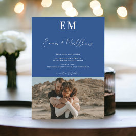 Convites Iniciais azuis simples 2 fotos qr casamento
