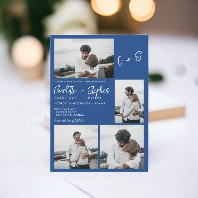 Convites Iniciais casuais azuis modernas 5 fotos casamento (Modern blue casual initials 5 photos wedding invitation)